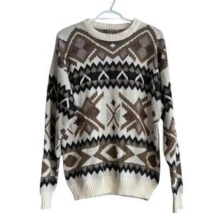 Vintage Knit Sweater Mens Sz Medium White Tan Geometric Eclectic Grandpa Acrylic